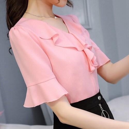 Spring Summer Korean Chiffon Shirt Women Thin Short Sleeved Fashion Pure Color Leisure Blouse Office Ladies Casual Tops H9072