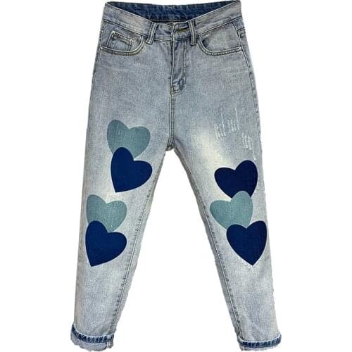 Spring Autumn Fashion Women Blue Jeans Pants Heart Print Casual Pants Loose Harem Pants