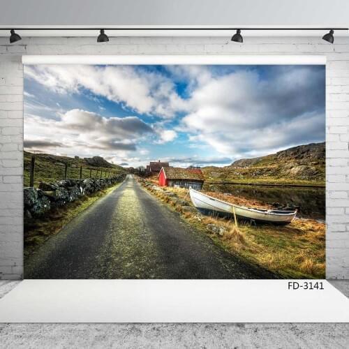 Mountain Lake Boat Nostalgic Cabin Road Photo Backdrop Vinyl Background for Children Baby Portrait Photography Props Photoshoot