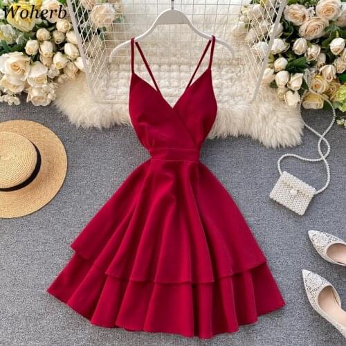 Woherb Summer 2020 Women Dress Chic Spaghetti Strap Vestidos Sweet V-Neck Sexy Backless Slim Waist Ruffle Beach Dresses Robe