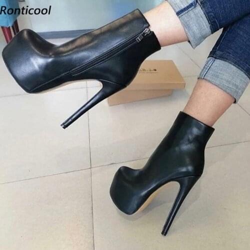 Ronticool Handmade Women Winter Platform Ankle Boots Zipper Sexy Thin High Heels Round Toe Black Club Shoes Plus US Size 5-20