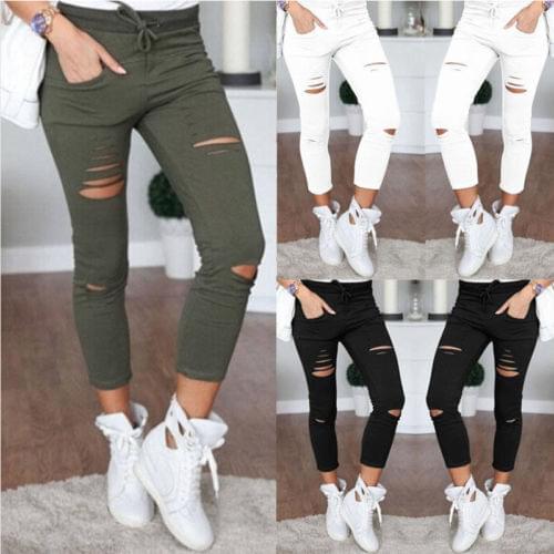 UK Womens Skinny Ripped Pants Leggings Stretch Jeans Slim Pencil Trousers