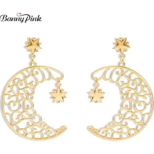 Banny Pink Chunky Hollow lace Moon Pendant Earrings For Women Party Star Statement Stud Earrings Chic Crescent Earrings Brincos
