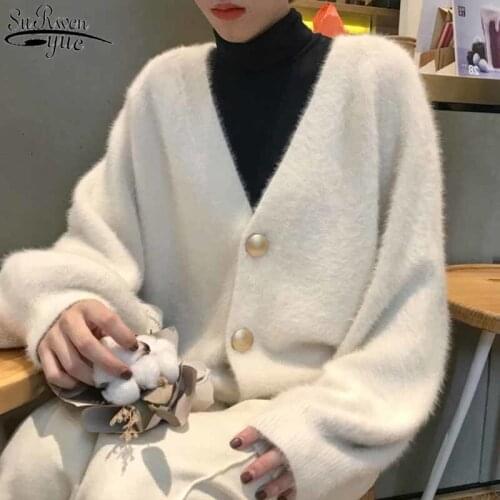V-neck Knitted Cardigan Women 2021 Winter and Autumn Imitation Mink Jacket Lazy Elegant Lantern Sleeve Loose Sweater Women 11635