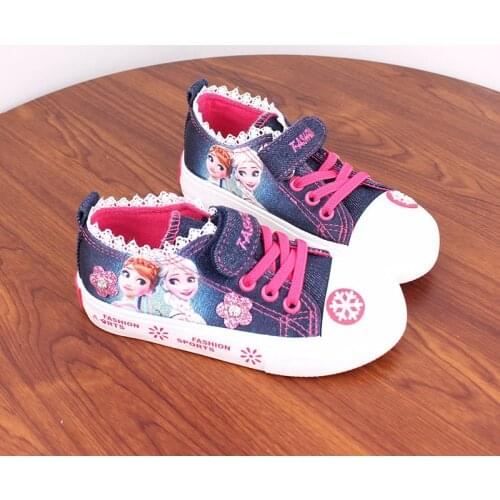 2021 Disney Cartoon Frozen Princess Childrens Shoes Lace Edge Denim Canvas Shoes Spring and Autumn Girls 4-12 Years Old
