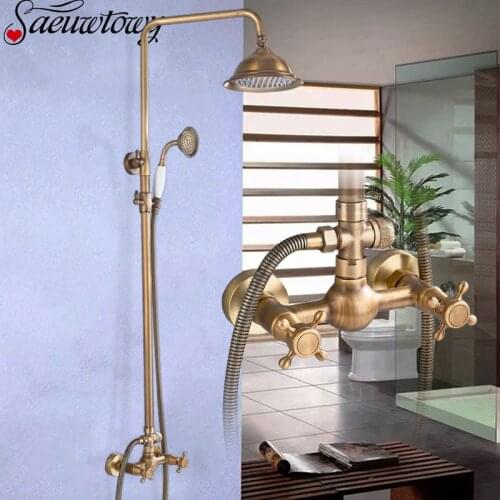 Antique Brass Bathroom Shower Faucet Set Wall Mount with Handshower Shelf Shower Bracket Ceramic Shower Hand Spout Faucet