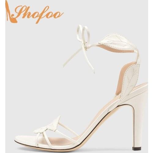 White Womens Leaf Details Sandals Stilettos High Heels Lace Up Large Size 13 16 Ladies Summer Fashion Concise Shoes Shofoo