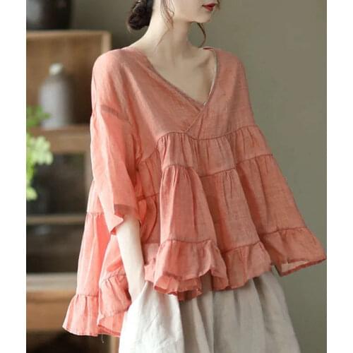 Cotton Linen Solid Loose Women Blouse Summer V-Neck Patchwork Rufles Casual All Match Female Pulls Outwear Tops