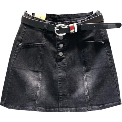 Black denim mini skirt women autumn new high waist stretch anti-glare a-line single breasted jeans skirt