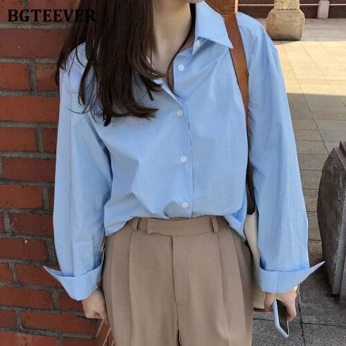 BGTEEVER Elegant Turn-down Collar Workwear Solid Shirts for Women 2021 Office Ladies Single-breasted Blouses Tops Spring Blusas