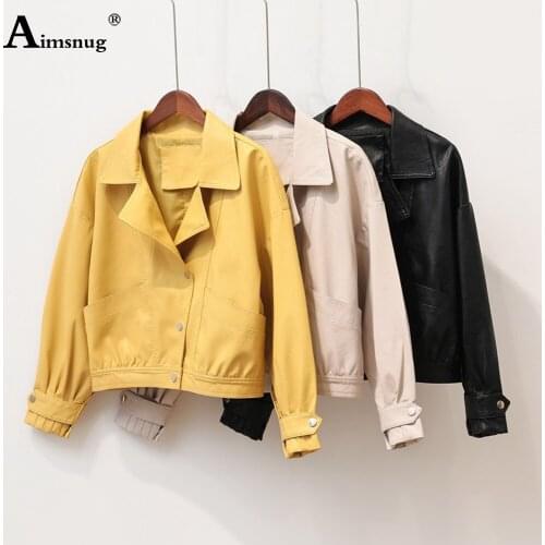 Aimsnug Three Buttons Pu Leather Jacket Coats Women Autumn Winter Tunic Outerwear 2020 Female Turn-down Collar Jackets yellow