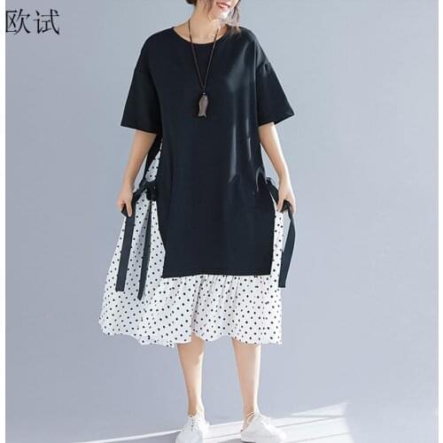 Plus Size Polka Dot Summer Dress Women Patchwork Sundress Cotton Ladies Dresses Vestidos Black Loose Beach Midi Woman Dress 2021