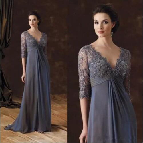Empire Waist Mother of the Bride Dresses with Lace Applique Half Sleeves Wedding Guest Dress V Neckline Sexy Party Prom Gowns
