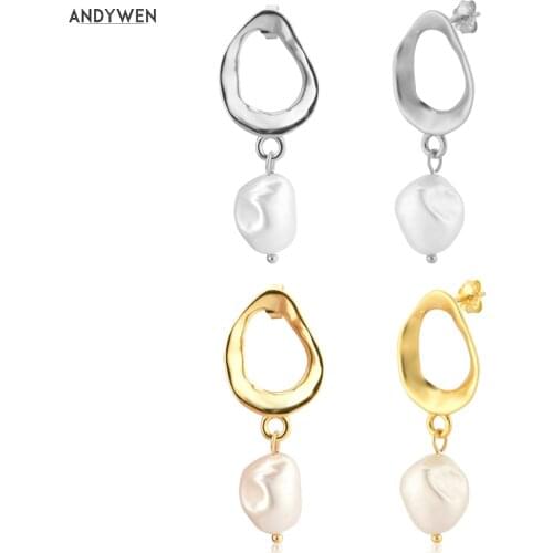 ANDYWEN 925 Sterling Silver Big Pearl Drop Earring Women Fashion Fine Jewelry Gold Luxury Classic Irregular Jewels Piercing Clip