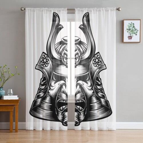 Japanese Style Samurai Helmet White Tulle Curtain Voile Transparent Tulle for Bedroom Living Room Kitchen Sheer Window Curtains