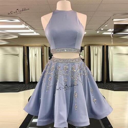 Modest Blue Two Piece Prom Dresses 2017 Crystals Beads Short Evening Party Gowns Vestidos de Baile Curto Homecoming Dress Gala