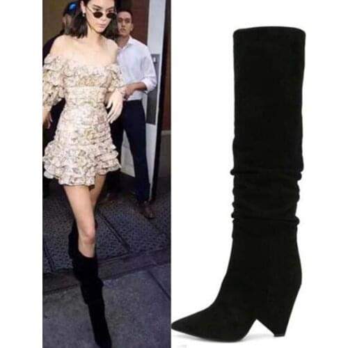 Carpaton Fashion Knee High Boots Pointed Toe Spike Heels Woman Shoe Runway Black Suede Riding Boots 35-43