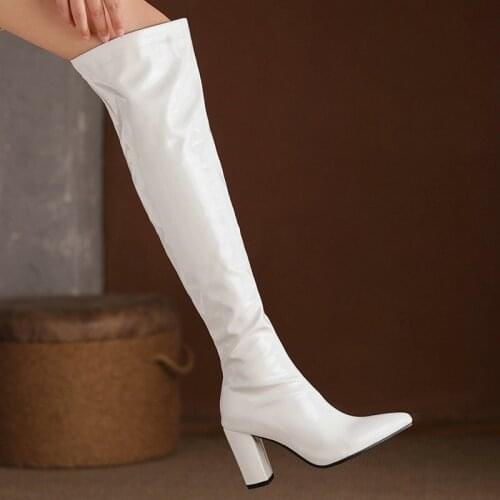 2021 Autumn Womens Shoes Fashion Patent Leather Pointed Over The Knee Women Boots Square High Heel Ladies Long Boots All-match
