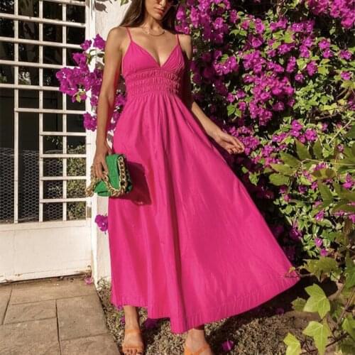 2021 Summer Ladies Sweet V-neck Sling Long Dress Sexy Women Solid Color Halter Party Dress Ladies High Waist Cotton Dress New