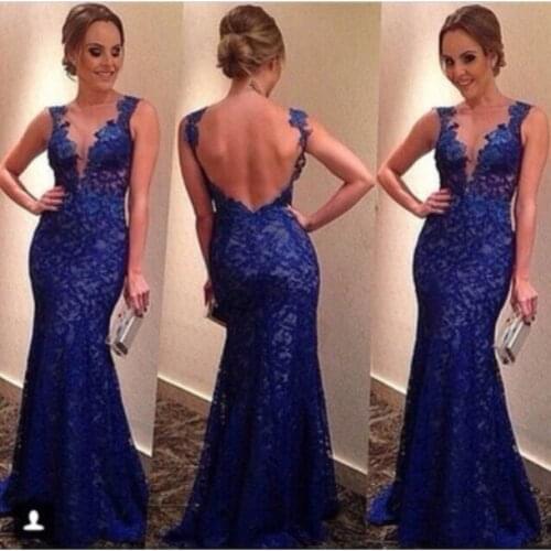 2019 Vestido De Renda Madrinha Elegant Evening O Neck Lace Backless Mermaid Royal Blue Prom gown mother of the bride Dress
