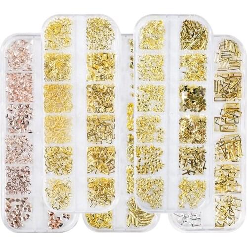 12 Grids Mixed Rose Gold Nail Art Alloy Studs Moon Star Feathers 3D Metal Rivet Decorations Charm Stone Gems Nails Accessories