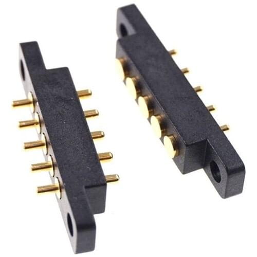 2 pcs Female Male Spring Loaded Connector Pogo Pin 5 Pin 2.54 mm Pitch Through Holes With Flange Panel Mount Single Row Strip