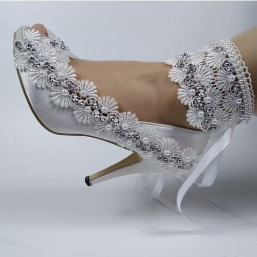 2020 New Arrival White Peep Toe shoes Women Ankle Strap Bridal Wedding shoes female Open Toe party Dress shoes High heeled Pumps