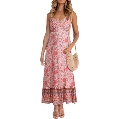 2021 Women Casual Sexy Spaghetti Strap Dress Boho Floral Printed Sleeveless V-neck Dresses Elegant Summer Sundress Robe