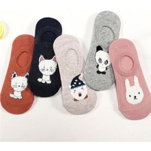 5 Pair/Lot Harajuku Women Socks Cotton Print Animal Pattern Cat Rabbit Panda Cute Meias Silicone Slip Breathable Casual Socks