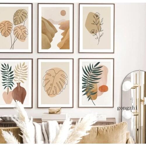 Bohemian Monstera Leaf Abstract Line Poster Nature Landscape Canvas Painting and Prints Wall Art Pictures Living Room Home Decor