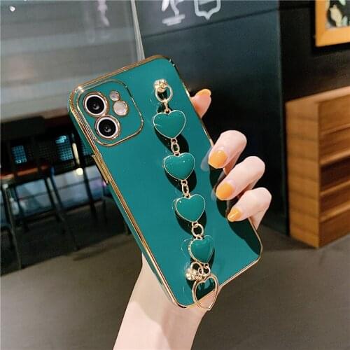 Plating Square Love Heart Chain Wrist Bracelet Phone Case For iPhone 12 11 Pro Max X XS XR 7 8 Plus Bumper Cover For iPhone 11