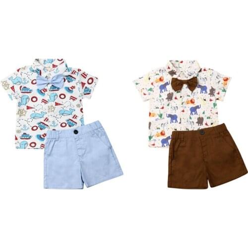 Kids Boy Summer Clothes Newborn Kids Baby Boys Printed Short Sleeve Tie Tops Shirt Shorts Pants Animals Printed Outfits Boy Set