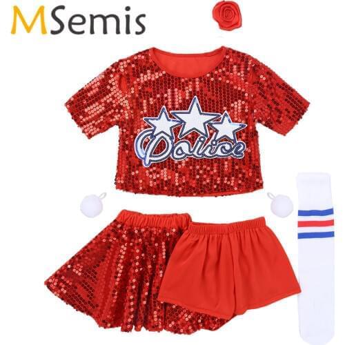 Kids Girls Carnival Cheerleading Costume Crop Top with Skirt Shorts Hair Clip Pom Pom Finger Rings Socks Cheerleader Outfit
