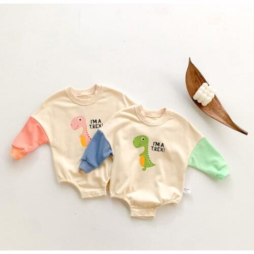 New Baby Girls Boys Romper 2 Colors Dinosaur Printing Long Sleeve Color Patchwork Jumpsuits
