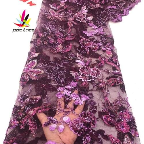 Purple Beads Embroided Sequins Lace Fabric Bridal Sequence Embroidery Elegant African Nigerian Latest Design Style High End