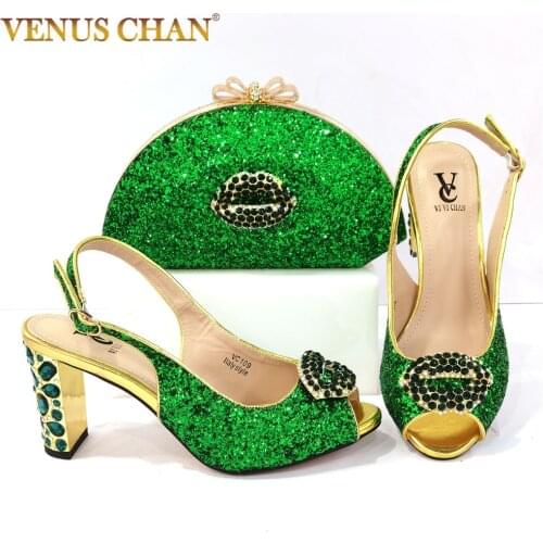 Newest Green Color African Shoes and Bag Matching Set Ladies Shoes Women Italian design Shoes And Bag Set For Party Wedding
