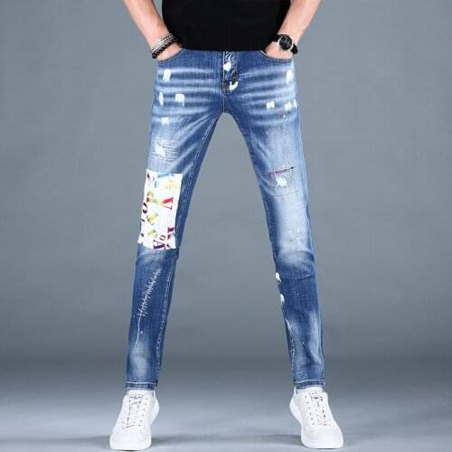 Mens Fashion Printed Blue Ripped Jeans Men Streetwear Casual Patch Jean Summer Slim Fit Denim Pants