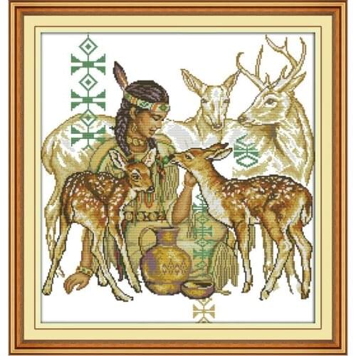 A maiden feeding a deer cross stitch kit aida 14ct 11ct count printed canvas stitches embroidery DIY handmade needlework