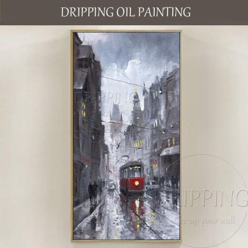 Wall Art Hand-painted High Quality Abstract Street Landscape Oil Painting on Canvas Grey Landscape Street Night Oil Painting