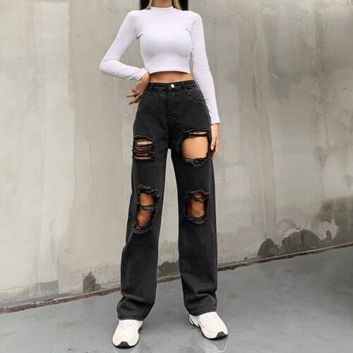 2021 New High Waist Ripped Jeans Womens Hip Hop Loose Jeans Women Pants Vintage Female Torn Trousers Streetwear Trousers#F30