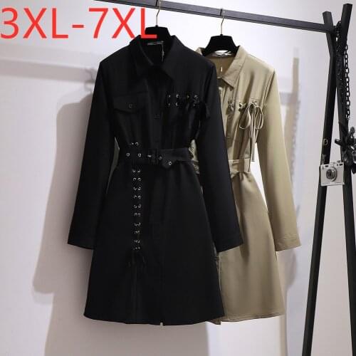 New autumn winter plus size shirt dress for women large loose casual long sleeve black belt button dress 3XL 4XL 5XL 6XL 7XL