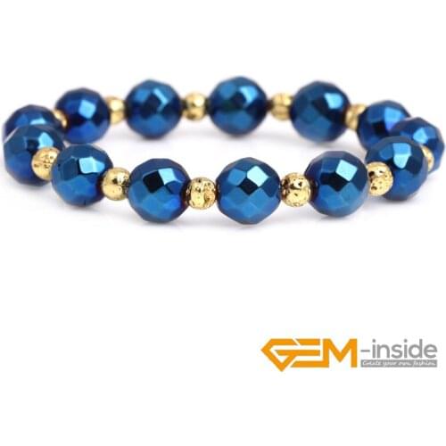 Handmade New Popular Bracelet 9mm Faceted Metaltic Coated Blue Hematite Beaded Bracelet Women Men 7" GEM-inside Free Shipping