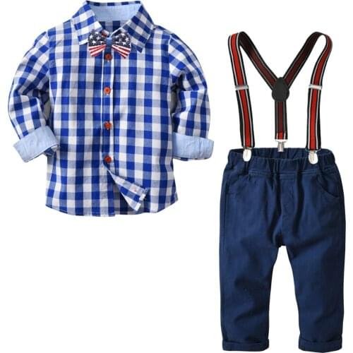 Oklady fashion kids clothes grid shirt + suspender newborn Long sleeve baby boy clothes Bowknot gentleman suit