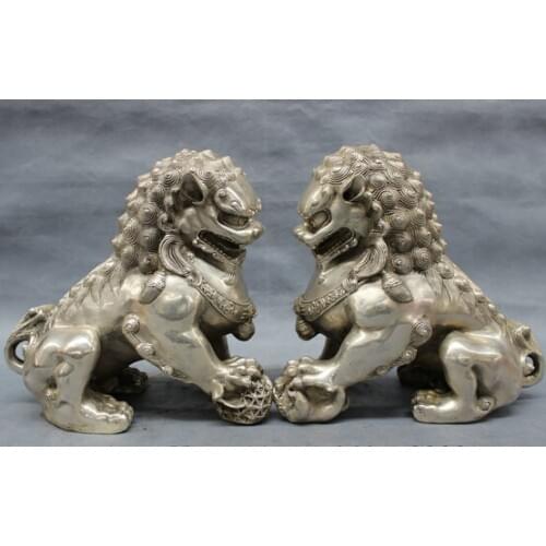 Wholesale factory 10" Chinese Silver Wealth Decoration Brass Foo Fu Dog Grand Lion Ball Brass Statue Pair