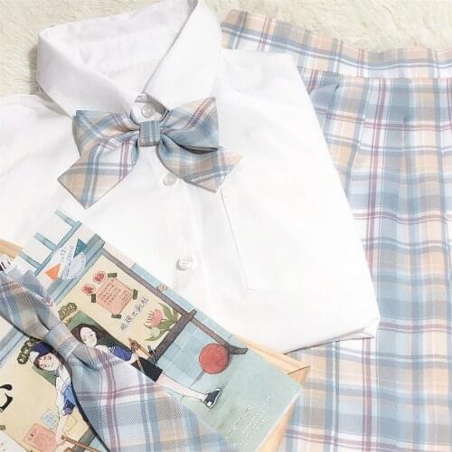 Junes Snow Original Design Macaron Color Plaid Checks Pleated Skirt Good Quality Sharp Pleats Preppy Style & Necktie/Neckbow