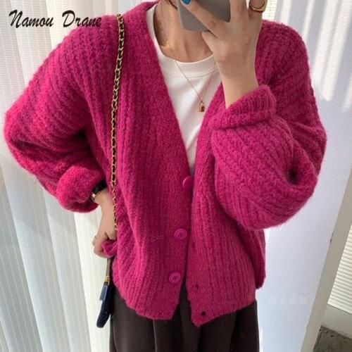 Namou Drane Autumn Clothing 2021 New Female Korean Retro Lazy Style Solid Color Foreign Mohair Knitted Sweater Cardigan Jacket