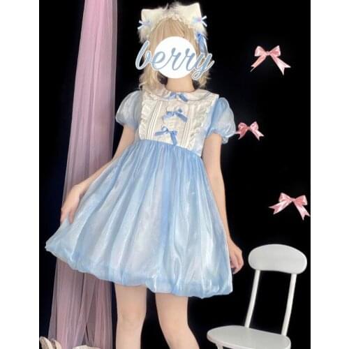 Japanese Sweet Lolita Style Dress Maid Summer Bowknot Cute Puff Sleeve Party Mini Dress Princess Tutu Baby Doll For Woman Dress
