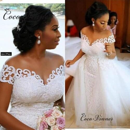 Off Shoulder Vintage Lace Appliques Mermaid Wedding Dress Africa New Detachable Tail Two in one Pure White Wedding Gown W0819