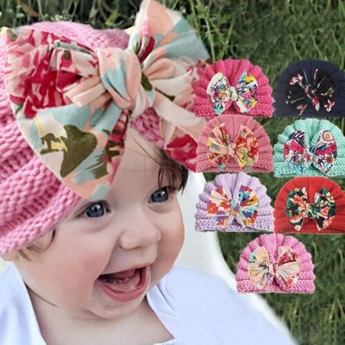 Autumn Winter Warm Big Bowknot Baby Hat Turban Sweet Floral Newborn Girl Boy Toddler Knitted Cap Soft Infant Beanies Bonnet