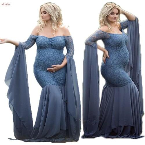 Blue Maternity dress Womens Pregnants Sexy Photography Props Off Shoulders Lace Nursing Long Dress maternity dresses for photo